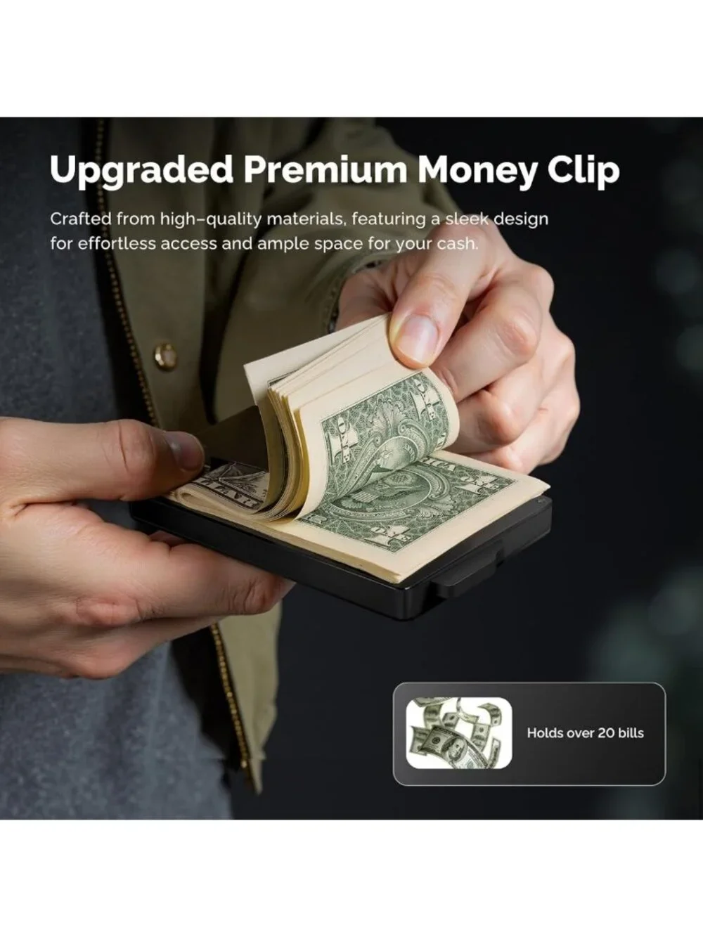 Minimalist Men's Wallet with Money Clip & ID Window - RFID Blocking, Holds 20
